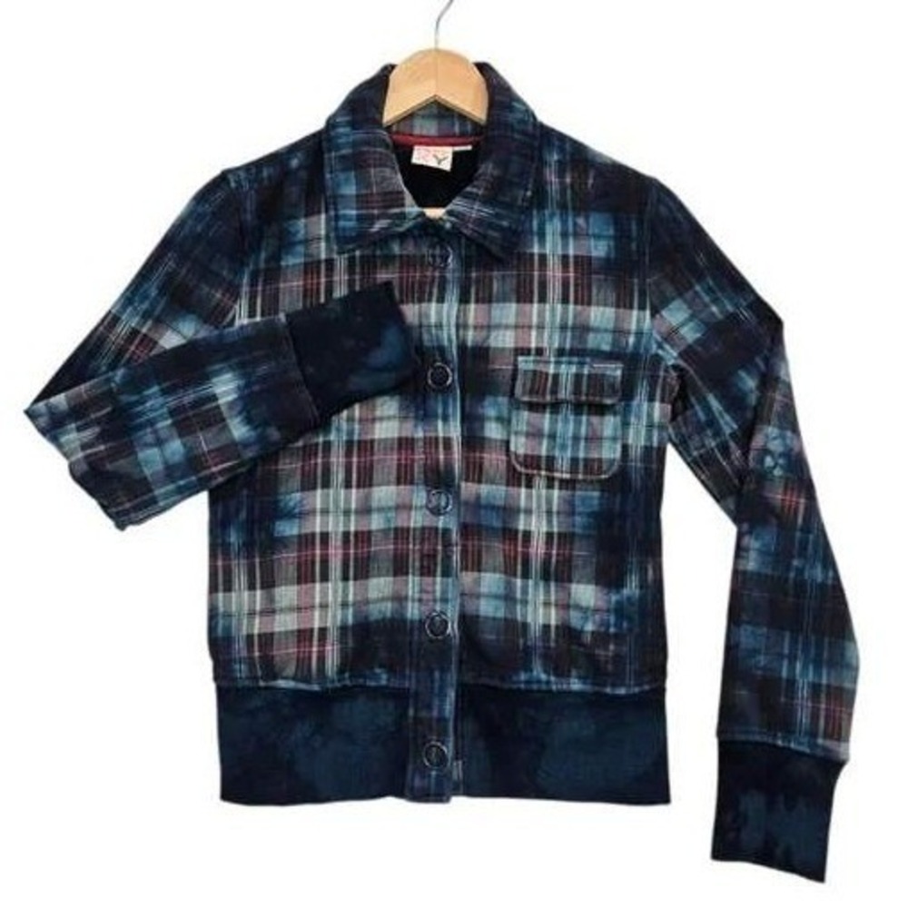 Roxy JUNIOR Medium‎ Plaid Flannel Button Up Lined Shacket Blue Y2K Grunge Skater